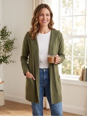 Cyrus | Olive Hooded Open Cardigan Sweater with Pockets | Sz L